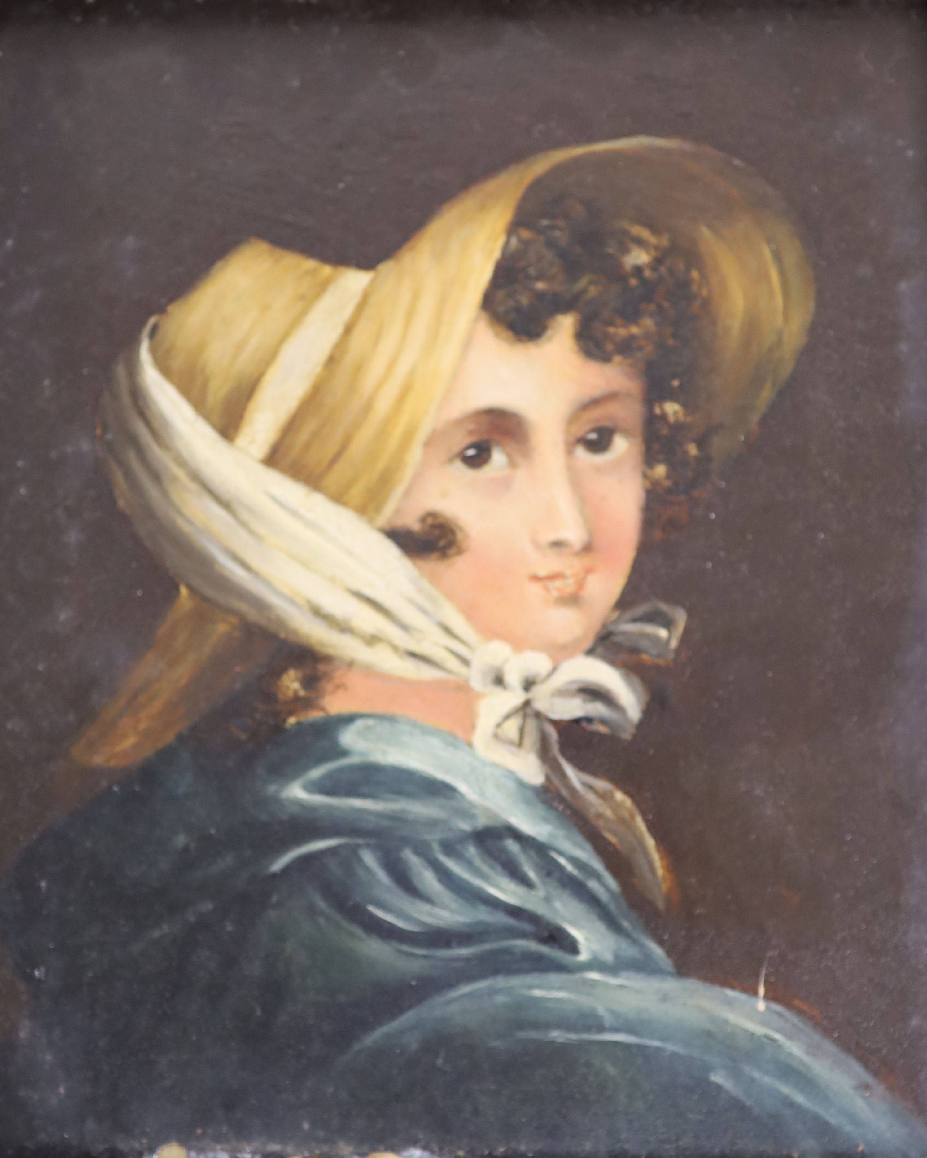 19th century English School, oil on wooden panel, Portrait of a young woman wearing a bonnet, 17 x 14cm, and one other picture of a girl by a bridge